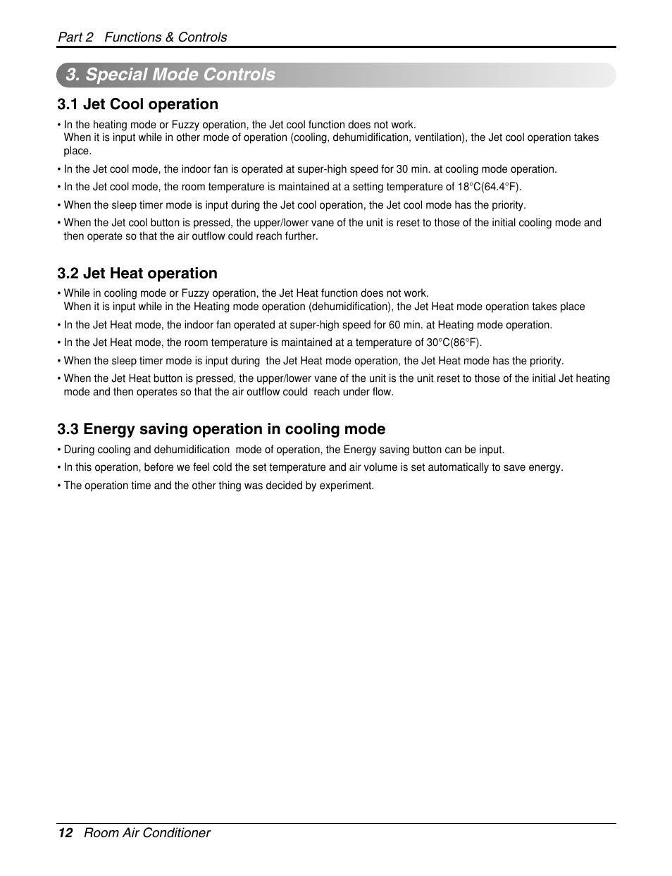 Special mode controls, 1 jet cool operation, 2 jet heat operation | 3 energy saving operation in cooling mode | LG General Wall Mounted-Inverter Type User Manual | Page 12 / 67