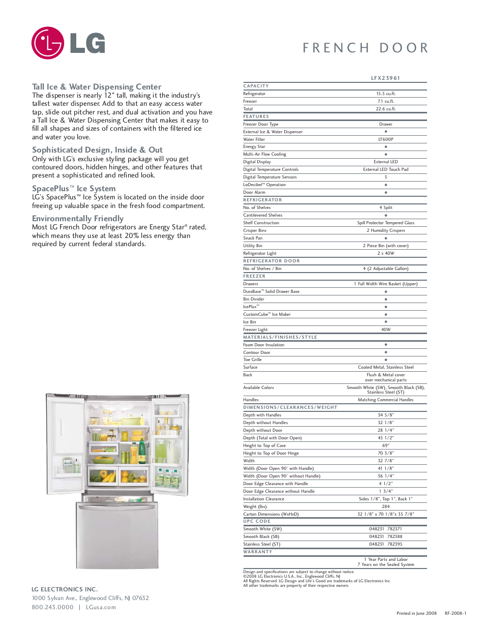 Tall ice & water dispensing center, Sophisticated design, inside & out, Spaceplus | Ice system, Environmentally friendly, Lg’s spaceplus, Most lg french door refrigerators are energy star | LG LFX23961 User Manual | Page 2 / 2