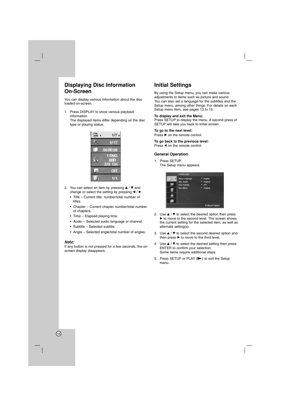 Displaying disc information on-screen, Initial settings | LG DN788 User Manual | Page 12 / 24