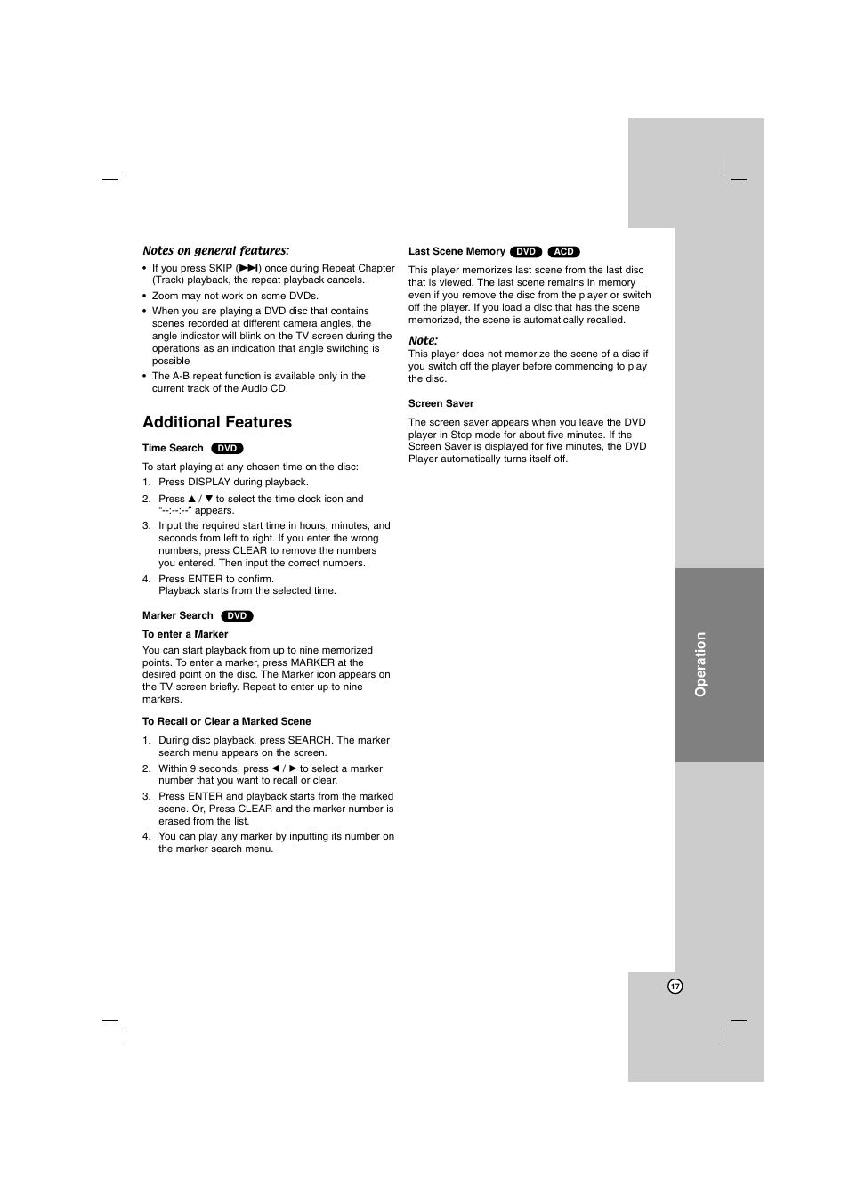 Additional features, Operation | LG DN788 User Manual | Page 17 / 24