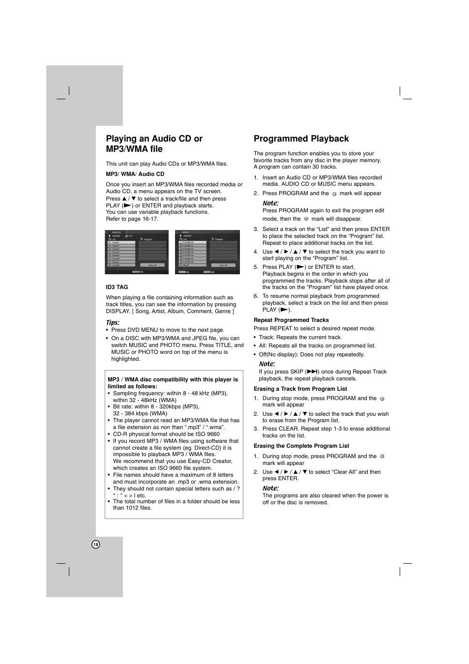 Playing an audio cd or mp3/wma file, Programmed playback | LG DN788 User Manual | Page 18 / 24