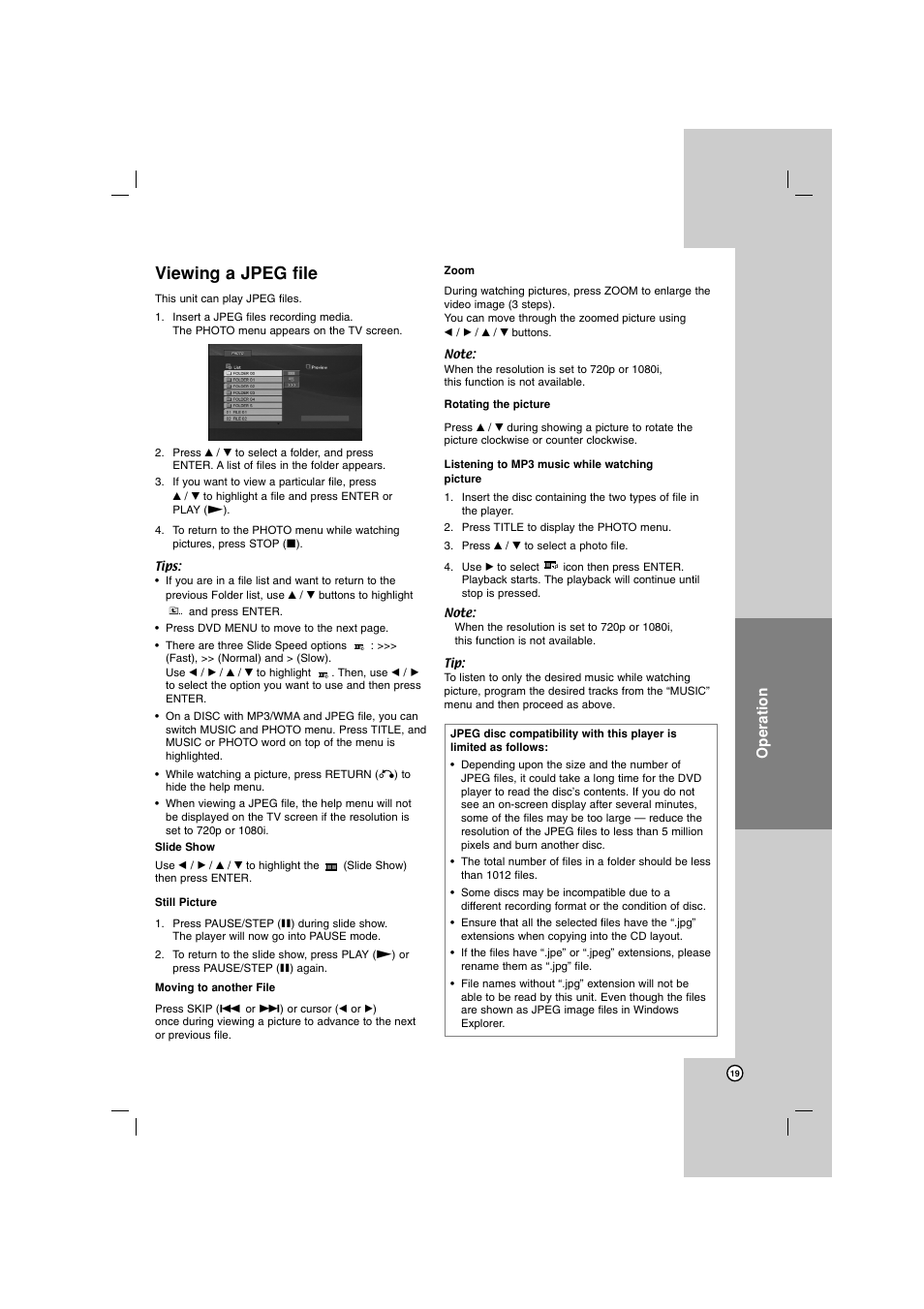 Viewing a jpeg file, Operation | LG DN788 User Manual | Page 19 / 24