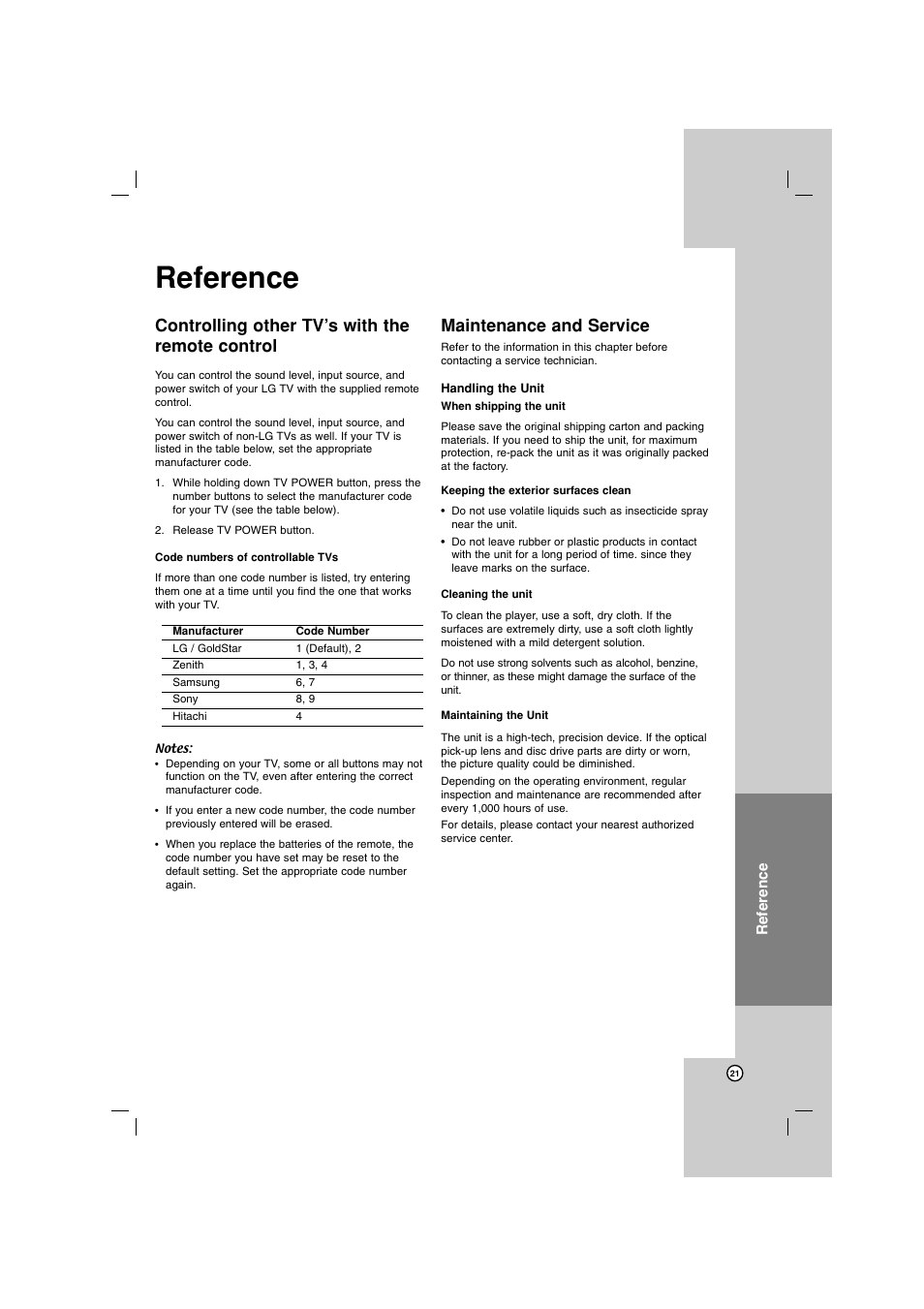 Reference, Controlling other tv’s with the remote control, Maintenance and service | LG DN788 User Manual | Page 21 / 24