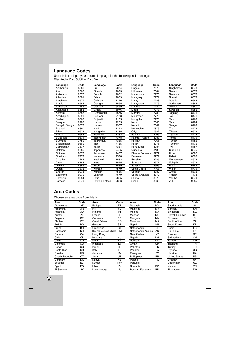 Area codes, Language codes | LG DN788 User Manual | Page 22 / 24
