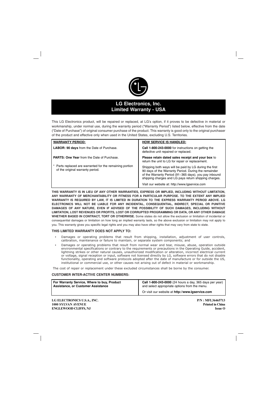 Lg electronics, inc. limited warranty - usa | LG DN788 User Manual | Page 24 / 24