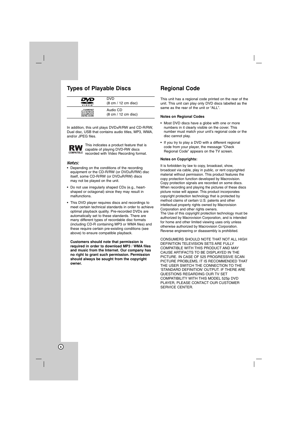 Types of playable discs, Regional code | LG DN788 User Manual | Page 6 / 24