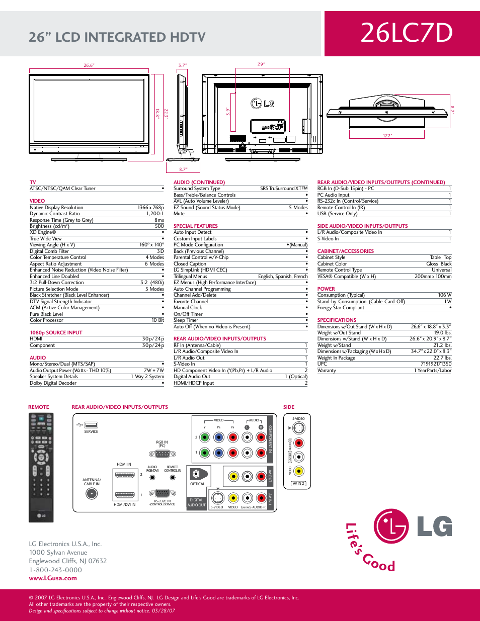 26lc7d, 26” lcd integrated hdtv | LG 26LC7D User Manual | Page 2 / 2