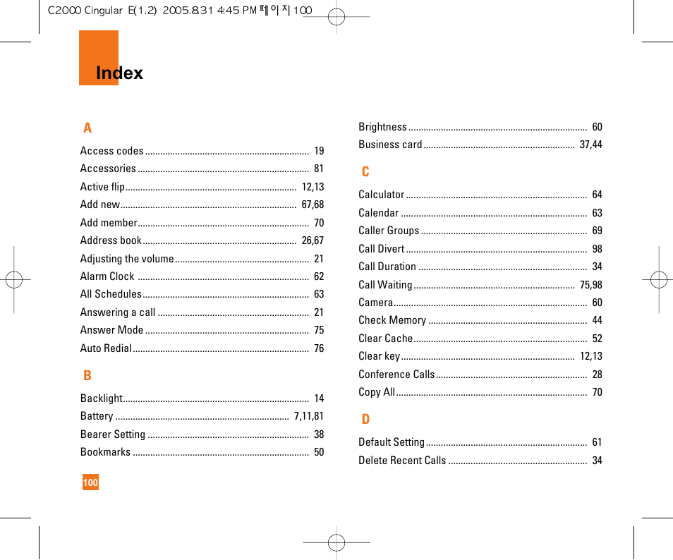 Index | LG C2000 User Manual | Page 104 / 222