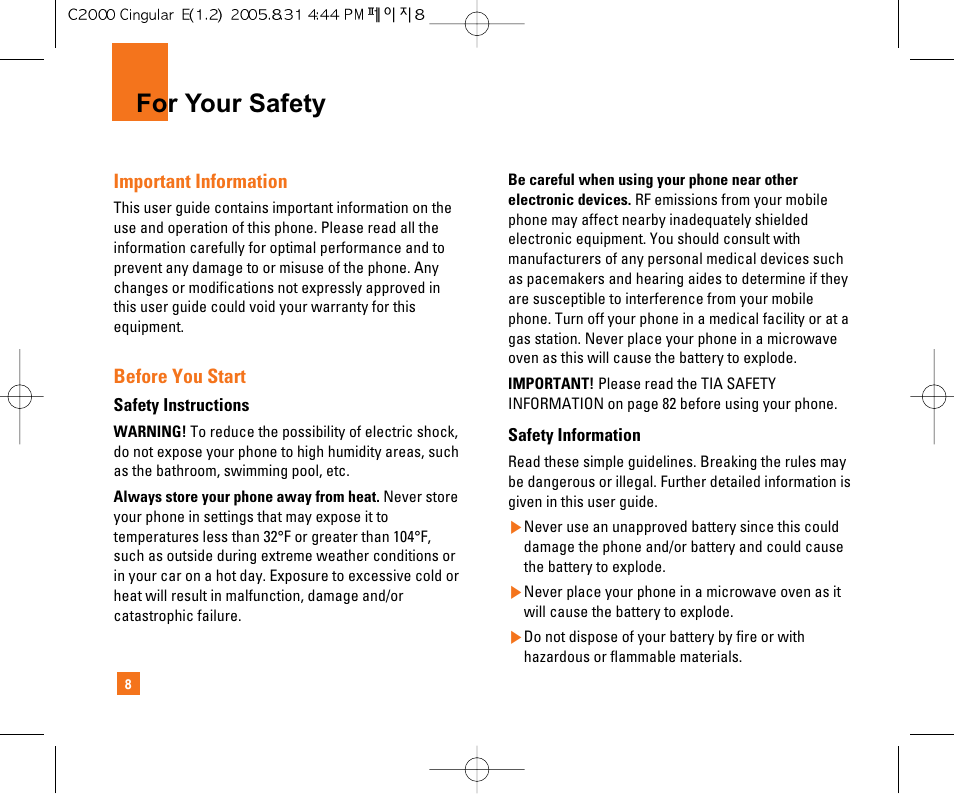 For your safety | LG C2000 User Manual | Page 12 / 222