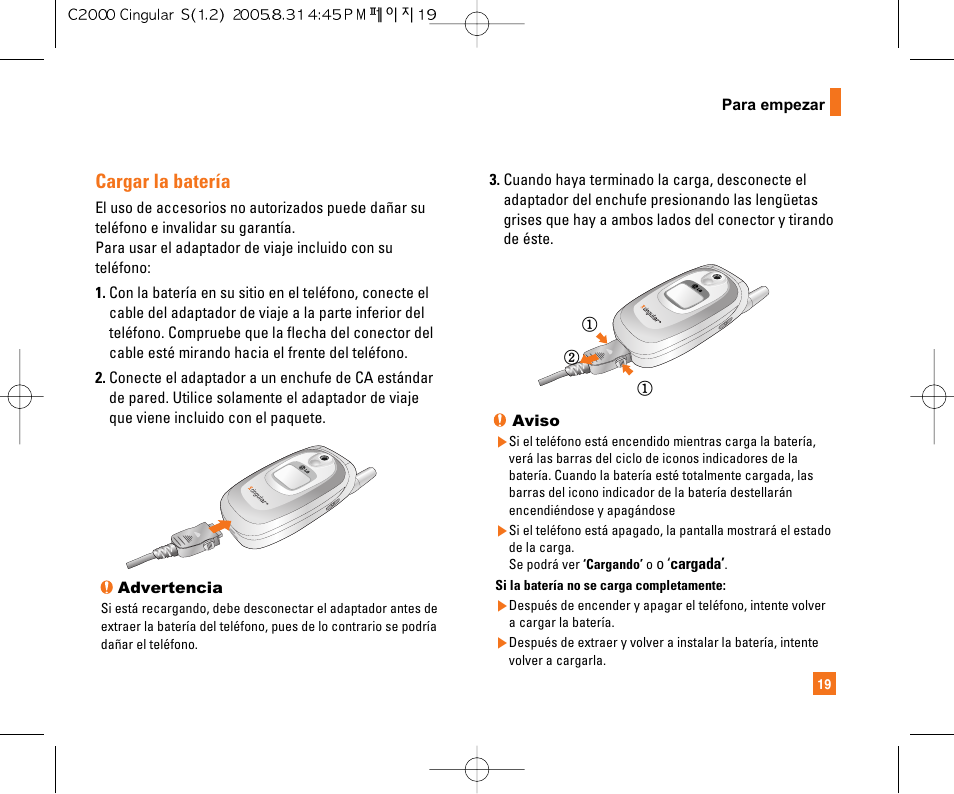 Cargar la batería | LG C2000 User Manual | Page 129 / 222