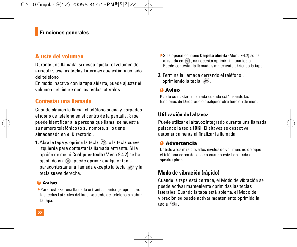 Ajuste del volumen, Contestar una llamada | LG C2000 User Manual | Page 132 / 222