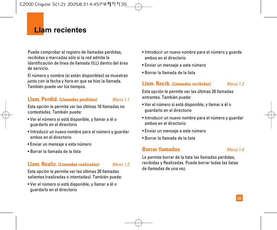 Llam recientes | LG C2000 User Manual | Page 145 / 222