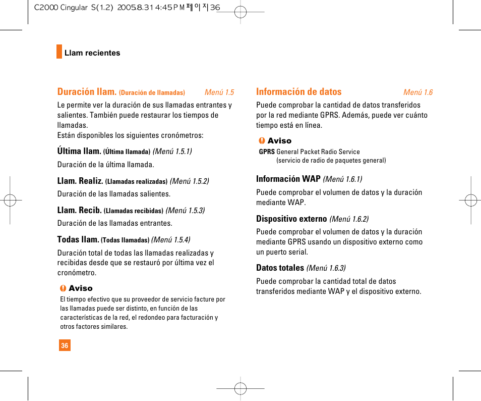 Duración llam, Información de datos | LG C2000 User Manual | Page 146 / 222