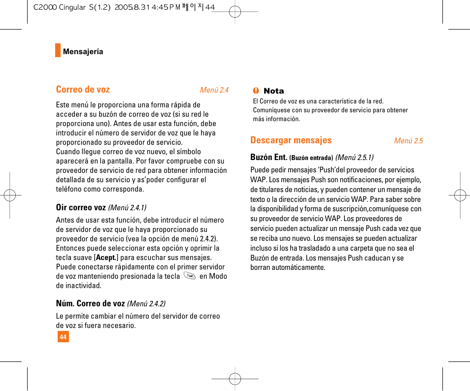 Correo de voz, Descargar mensajes | LG C2000 User Manual | Page 154 / 222