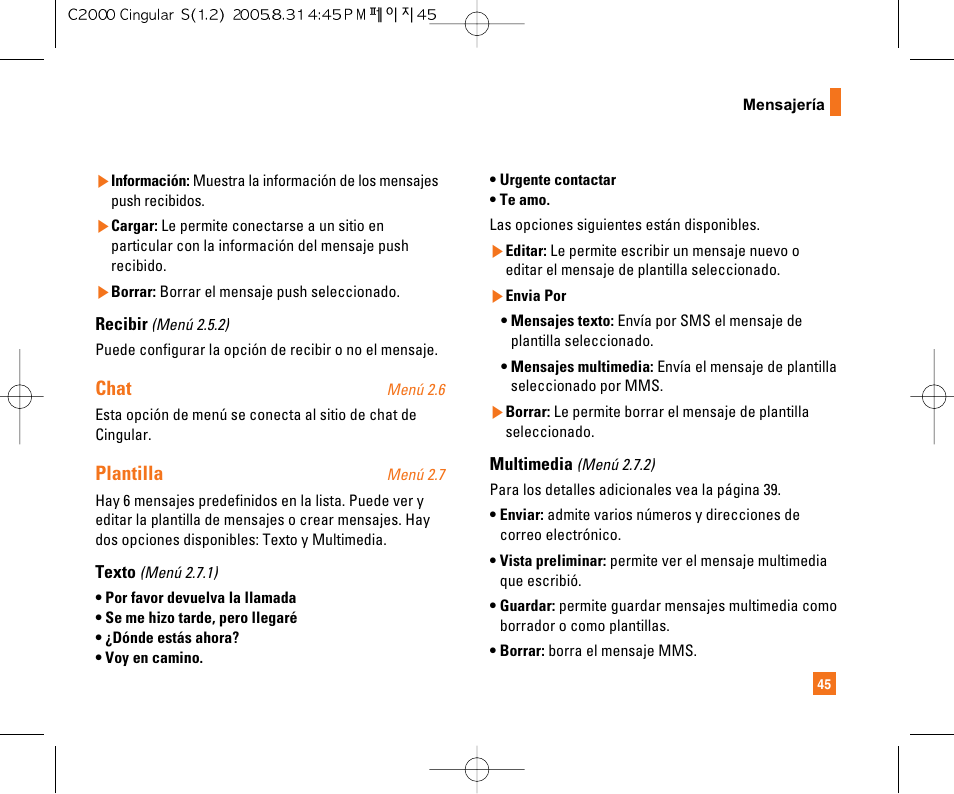 Chat, Plantilla | LG C2000 User Manual | Page 155 / 222