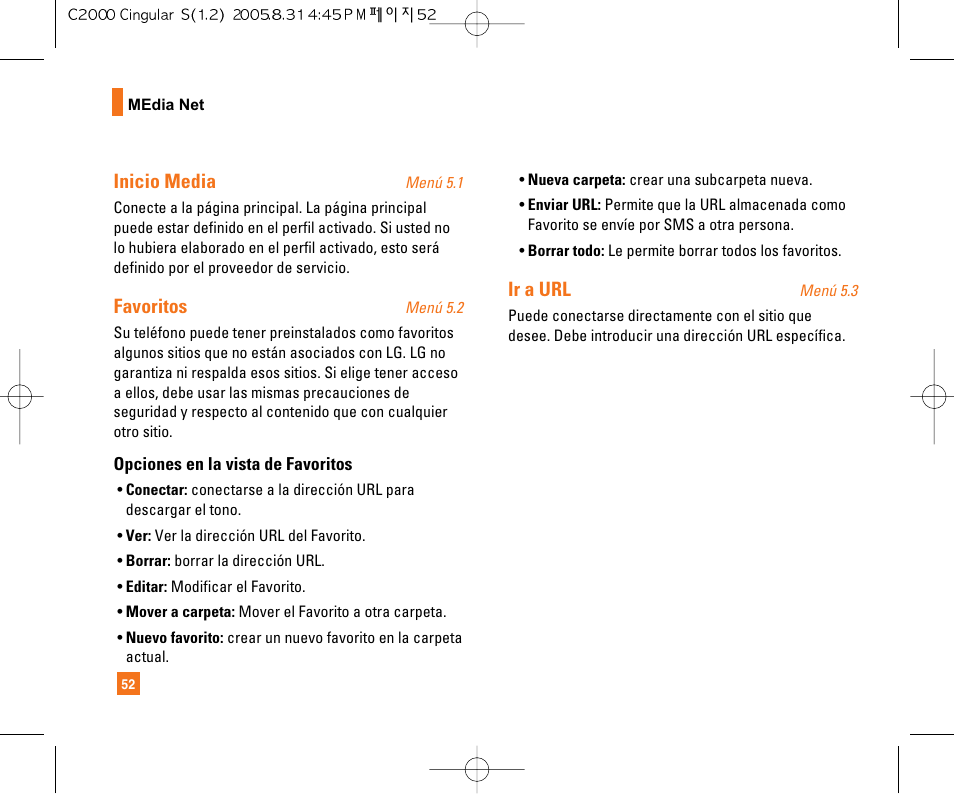 Inicio media, Favoritos, Ir a url | LG C2000 User Manual | Page 162 / 222