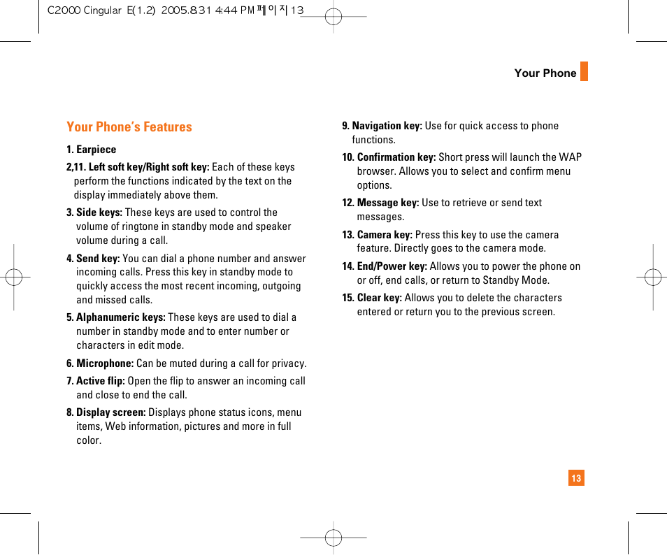 Your phone’s features | LG C2000 User Manual | Page 17 / 222