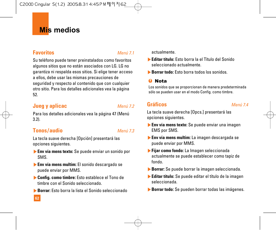 Mis medios, Favoritos, Jueg y aplicac | Tonos/audio, Gráficos | LG C2000 User Manual | Page 172 / 222