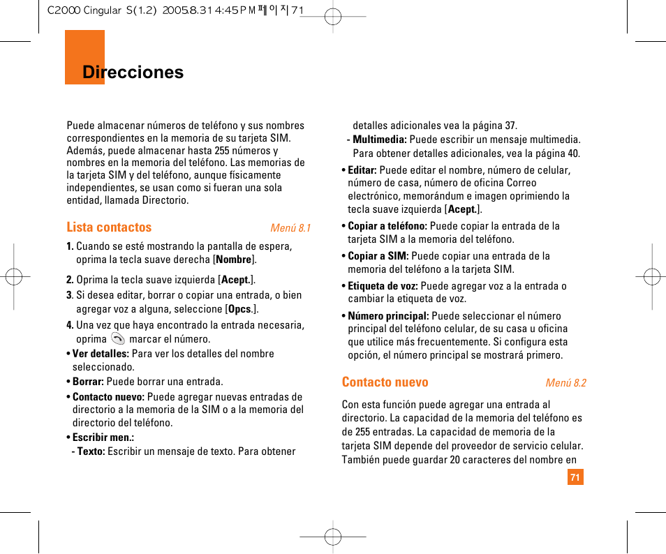 Direcciones, Lista contactos, Contacto nuevo | LG C2000 User Manual | Page 181 / 222