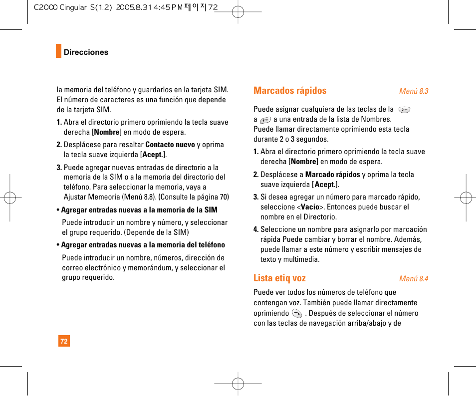 Marcados rápidos, Lista etiq voz | LG C2000 User Manual | Page 182 / 222