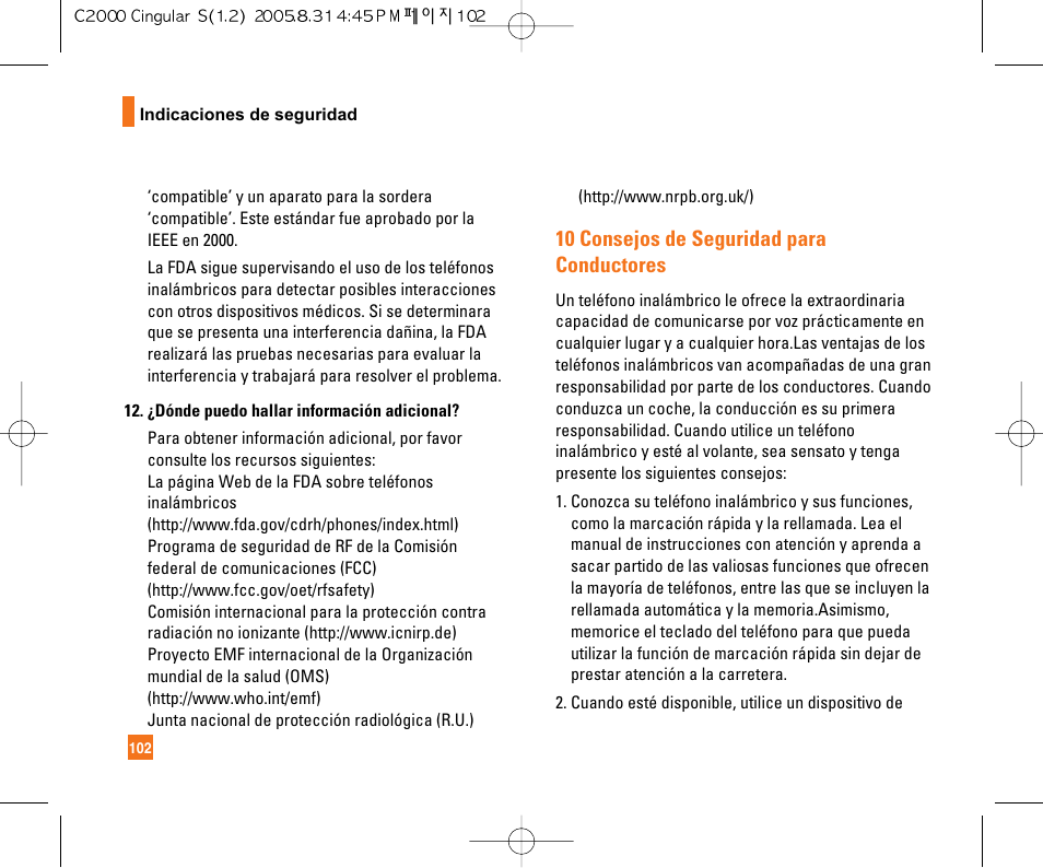 10 consejos de seguridad para conductores | LG C2000 User Manual | Page 212 / 222