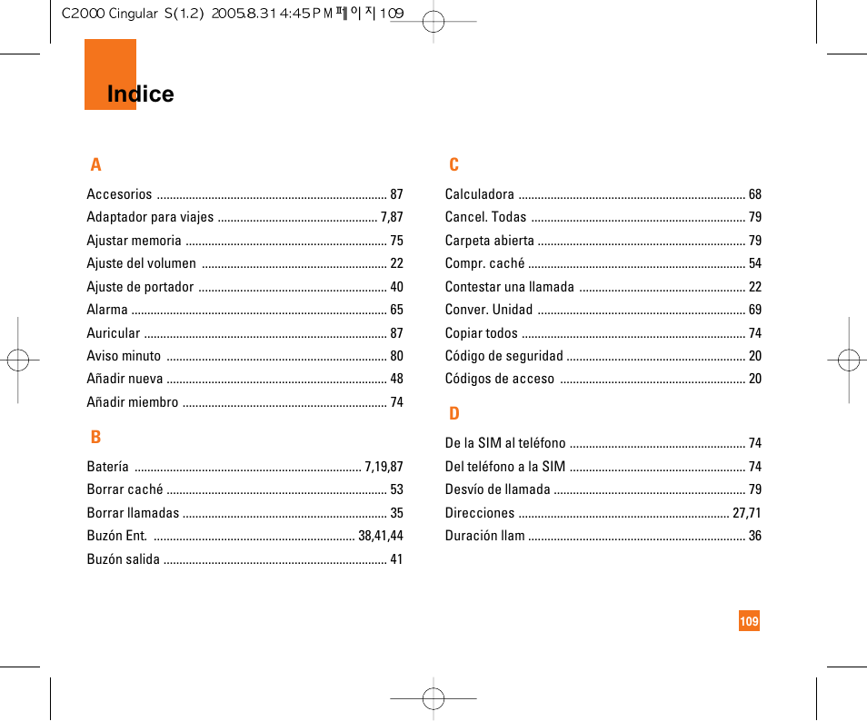 Indice | LG C2000 User Manual | Page 219 / 222