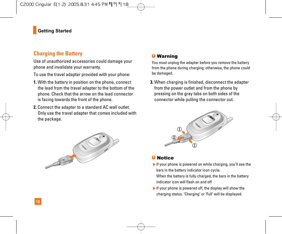 Charging the battery | LG C2000 User Manual | Page 22 / 222