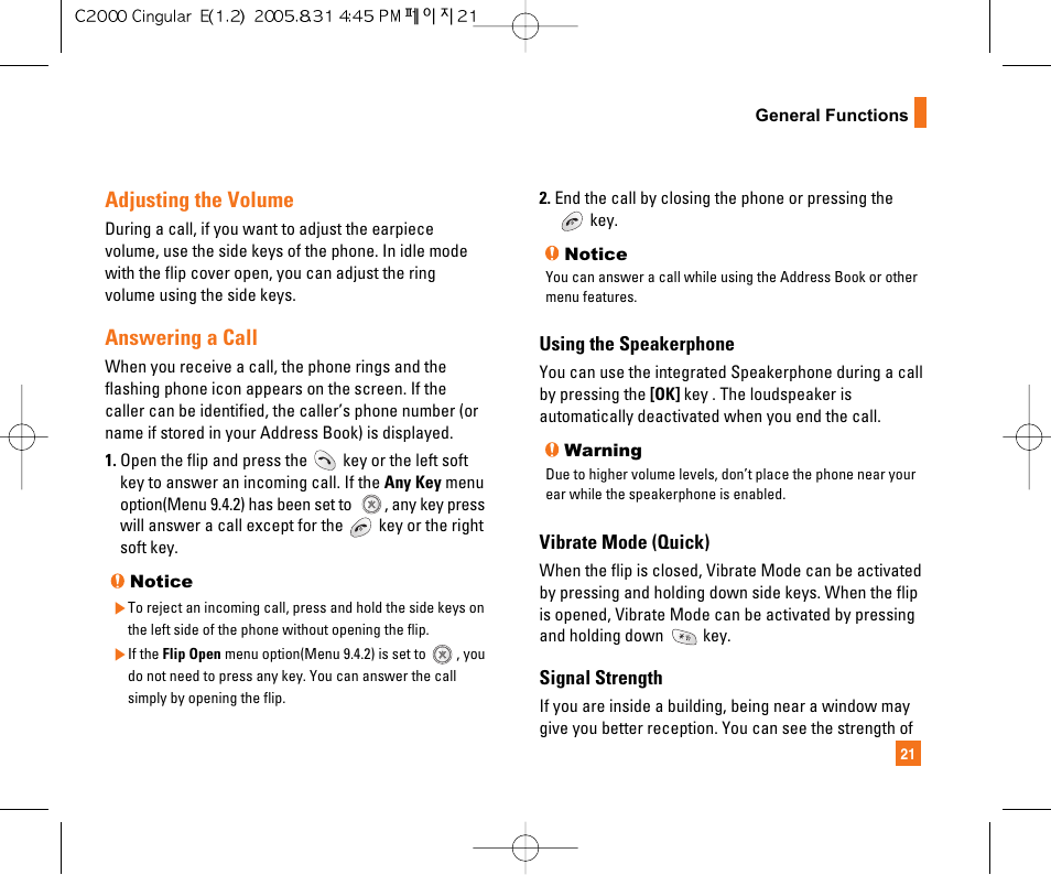 Adjusting the volume, Answering a call | LG C2000 User Manual | Page 25 / 222