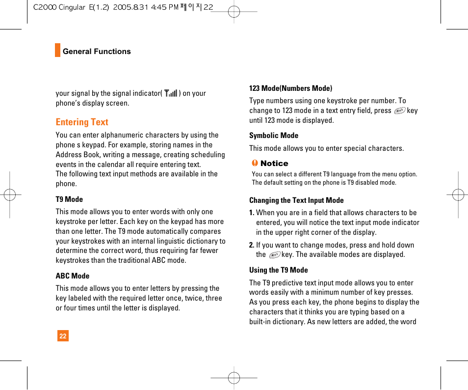 Entering text | LG C2000 User Manual | Page 26 / 222