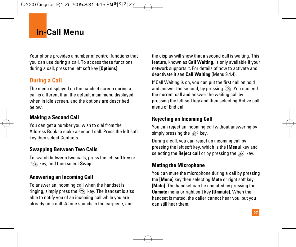 In-call menu | LG C2000 User Manual | Page 31 / 222