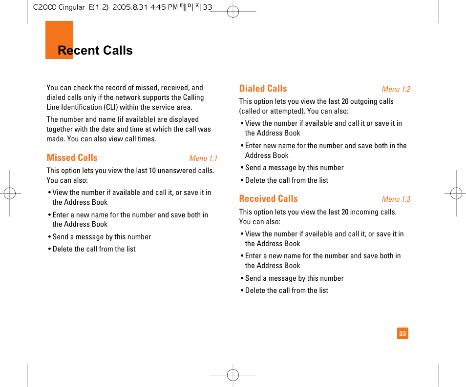 Recent calls | LG C2000 User Manual | Page 37 / 222