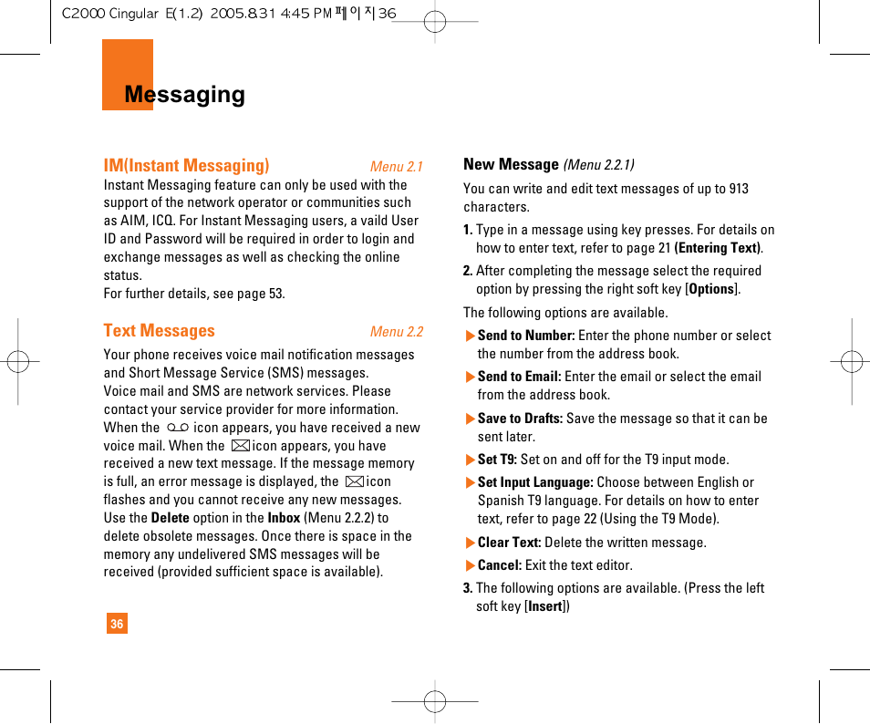 Messaging, Im(instant messaging), Text messages | LG C2000 User Manual | Page 40 / 222