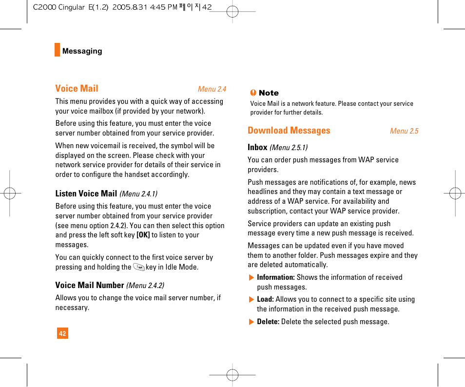 Voice mail, Download messages | LG C2000 User Manual | Page 46 / 222