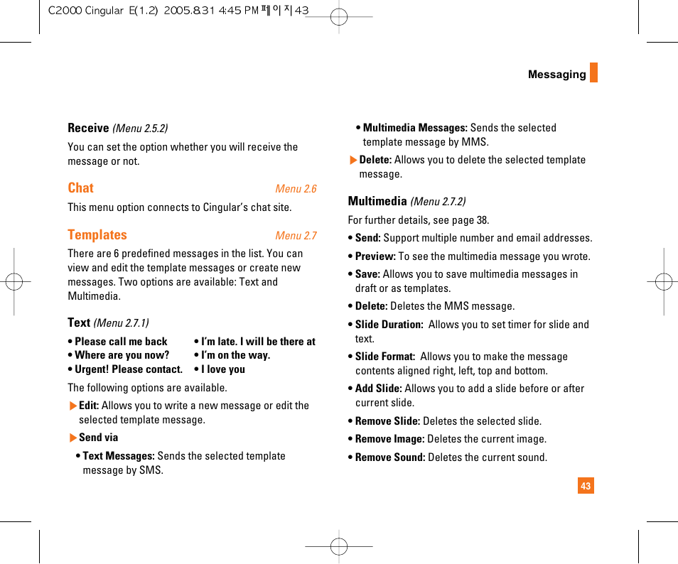 Chat, Templates | LG C2000 User Manual | Page 47 / 222