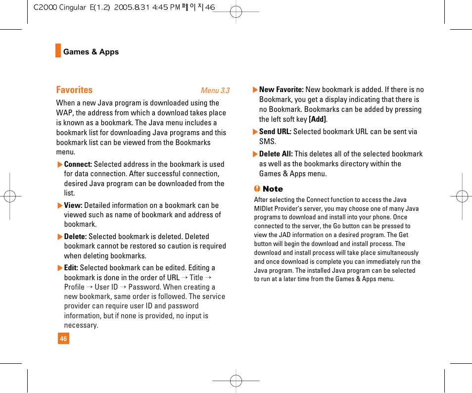 Favorites | LG C2000 User Manual | Page 50 / 222