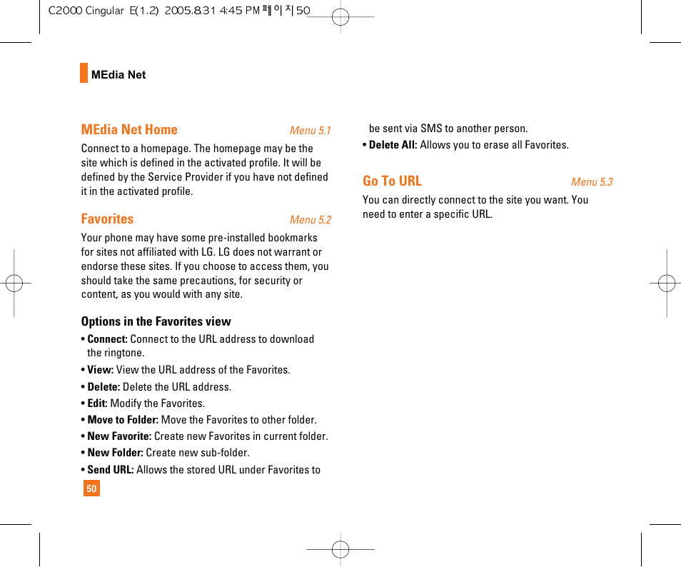 Media net home, Favorites, Go to url | LG C2000 User Manual | Page 54 / 222