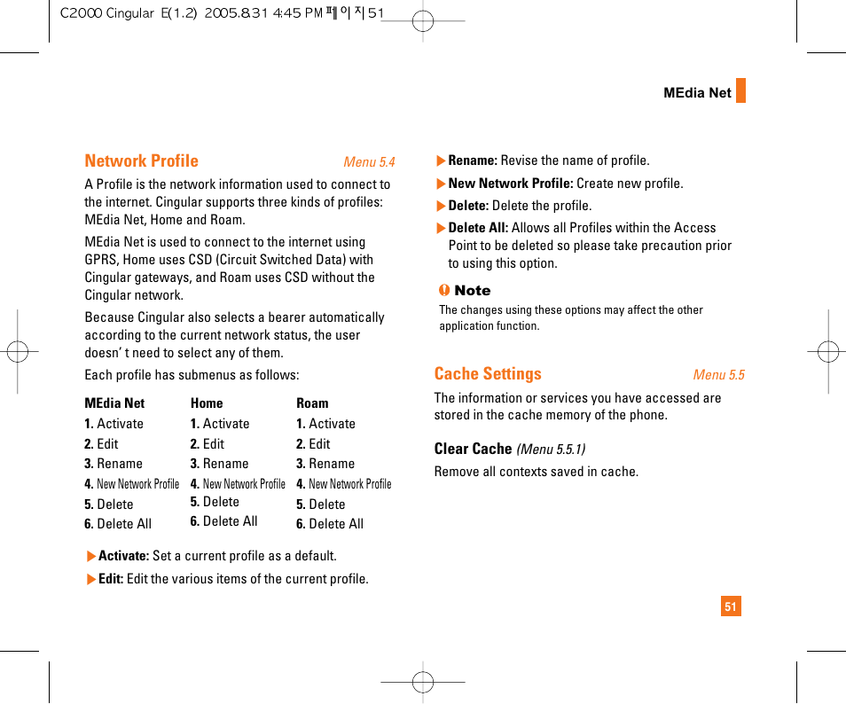 Network profile, Cache settings | LG C2000 User Manual | Page 55 / 222