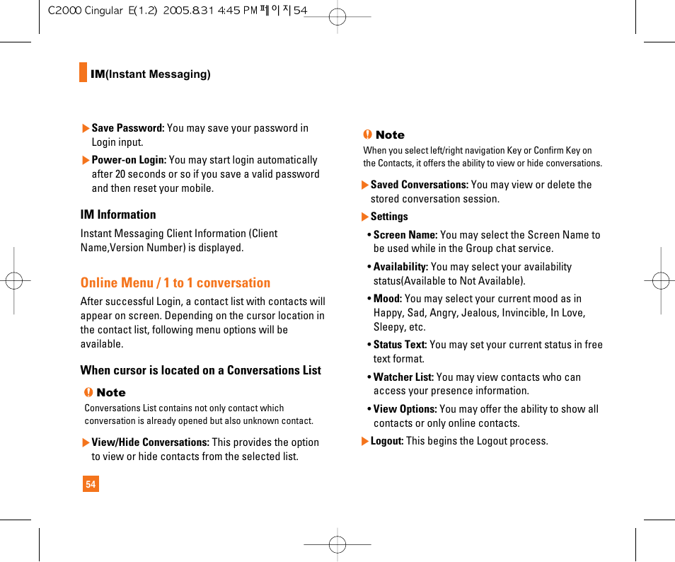 Online menu / 1 to 1 conversation | LG C2000 User Manual | Page 58 / 222