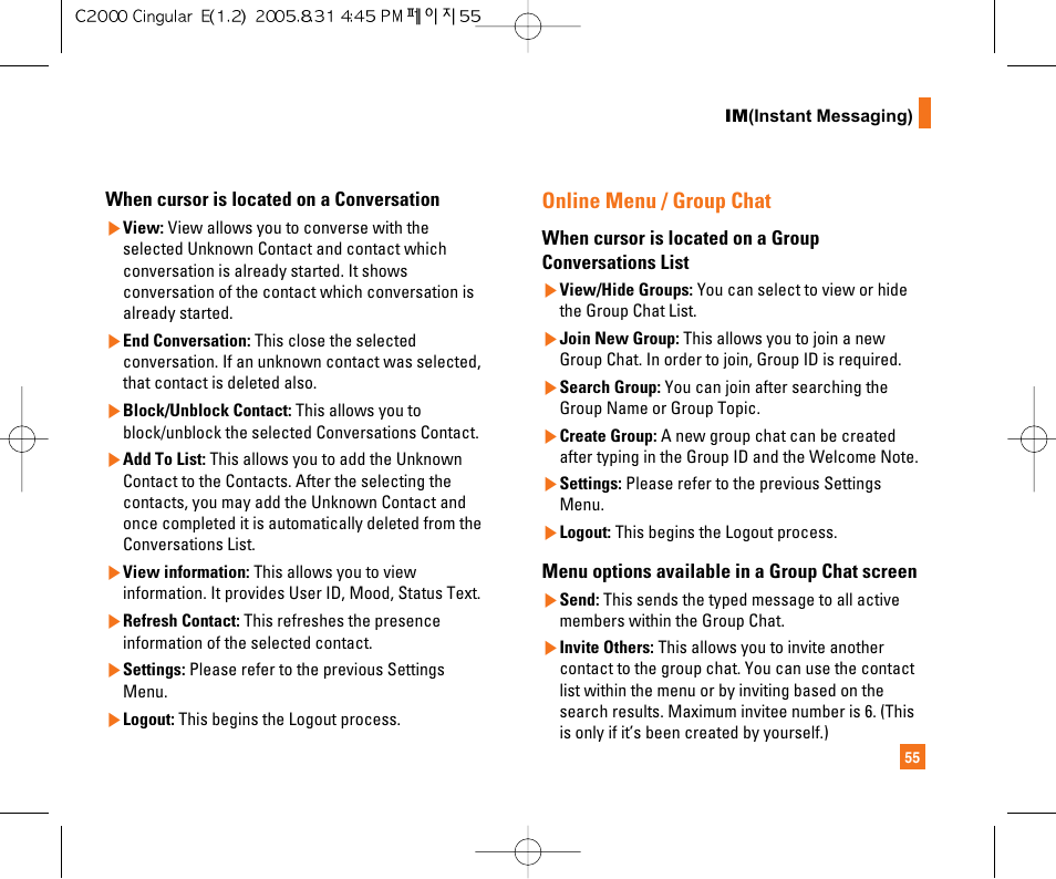 Online menu / group chat | LG C2000 User Manual | Page 59 / 222