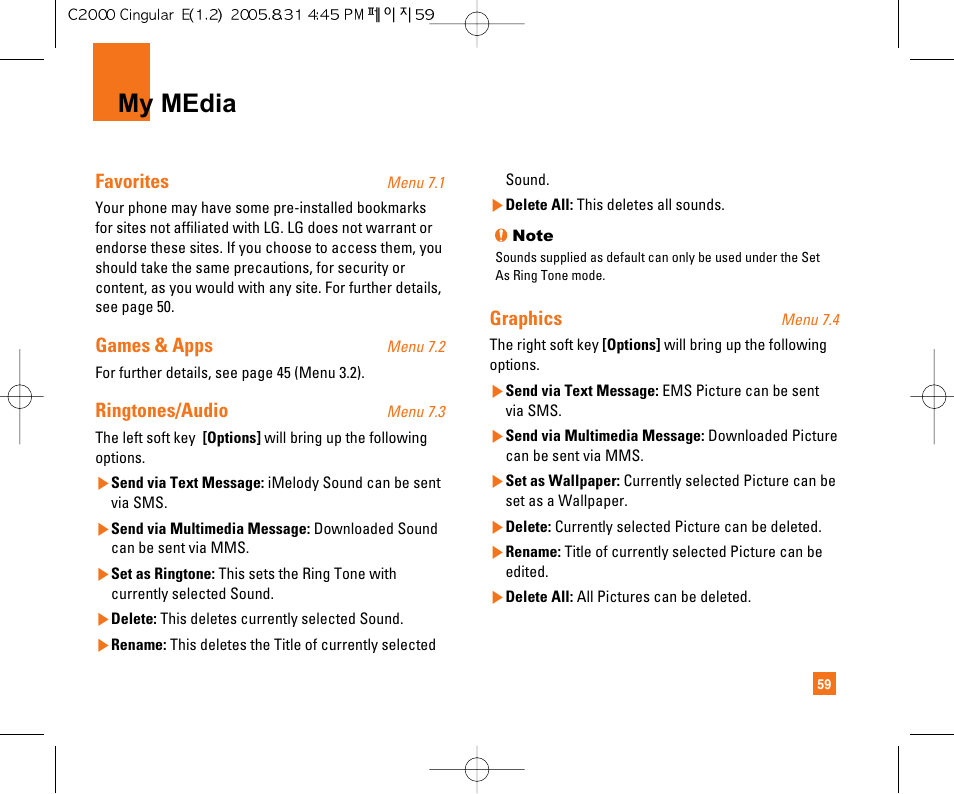 My media, Favorites, Games & apps | Ringtones/audio, Graphics | LG C2000 User Manual | Page 63 / 222