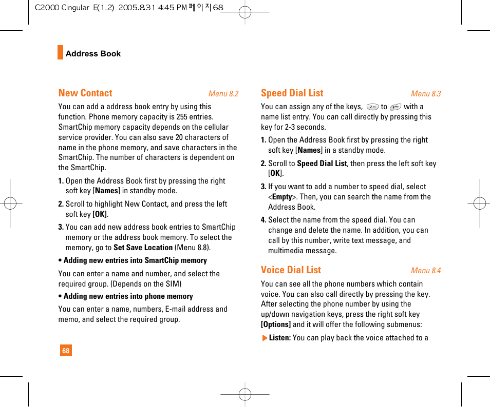 New contact, Speed dial list, Voice dial list | LG C2000 User Manual | Page 72 / 222