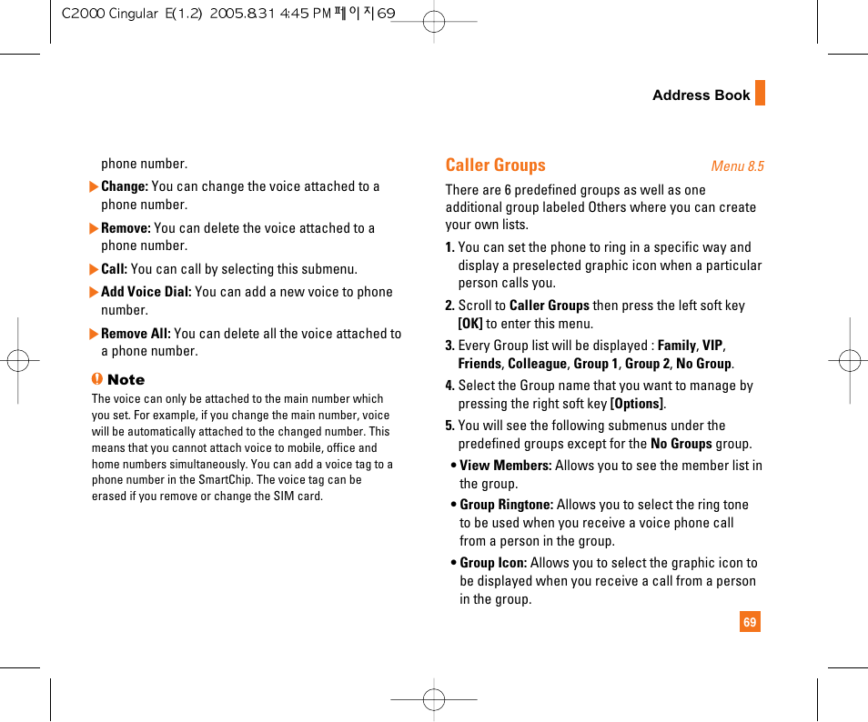 Caller groups | LG C2000 User Manual | Page 73 / 222