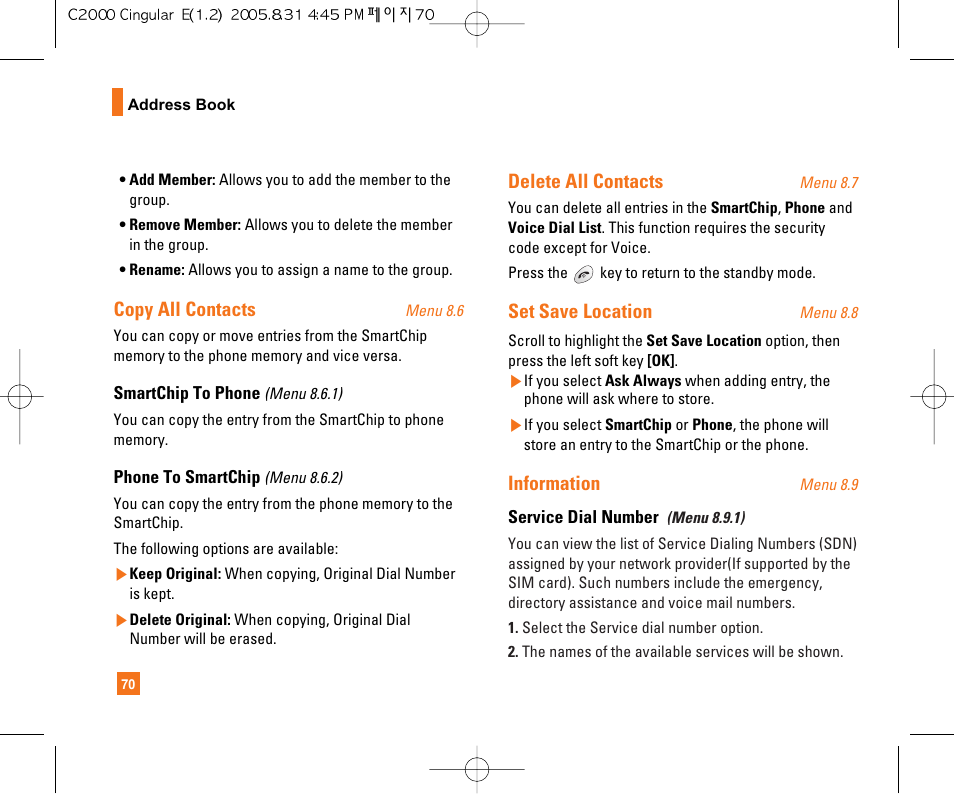 Copy all contacts, Delete all contacts, Set save location | Information | LG C2000 User Manual | Page 74 / 222