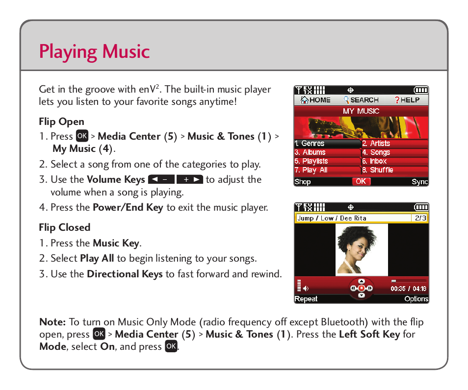 Playing music | LG Cell Phone User Manual | Page 5 / 8