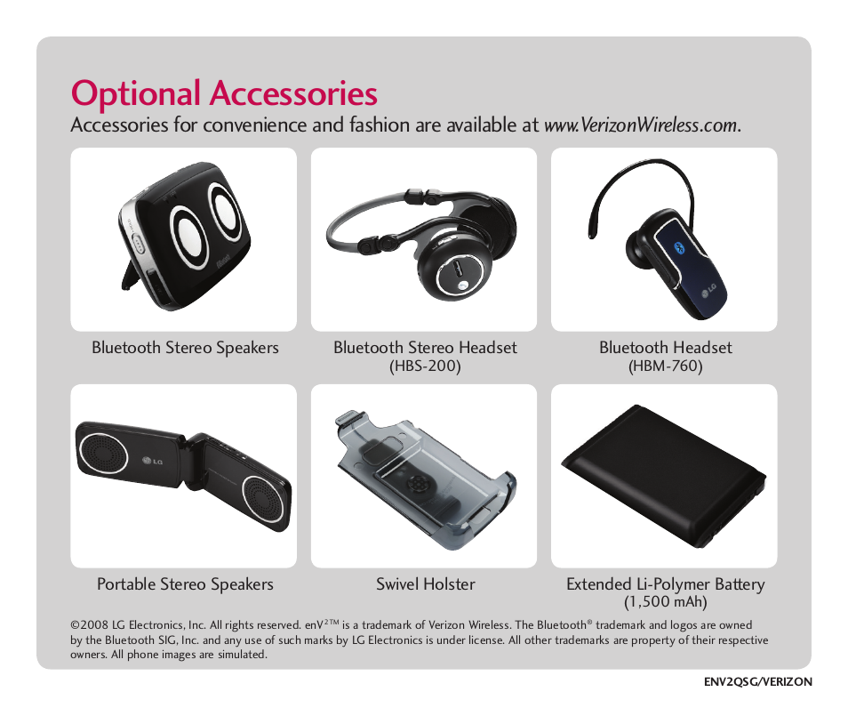 Optional accessories | LG Cell Phone User Manual | Page 8 / 8