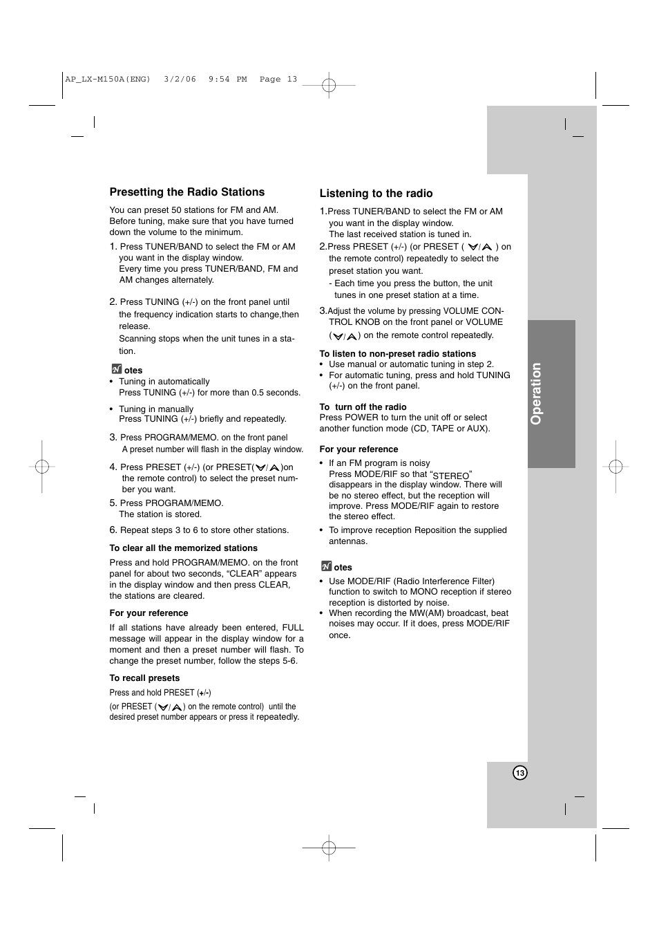 Operation, Presetting the radio stations, Listening to the radio | LG LX-M150 User Manual | Page 13 / 19