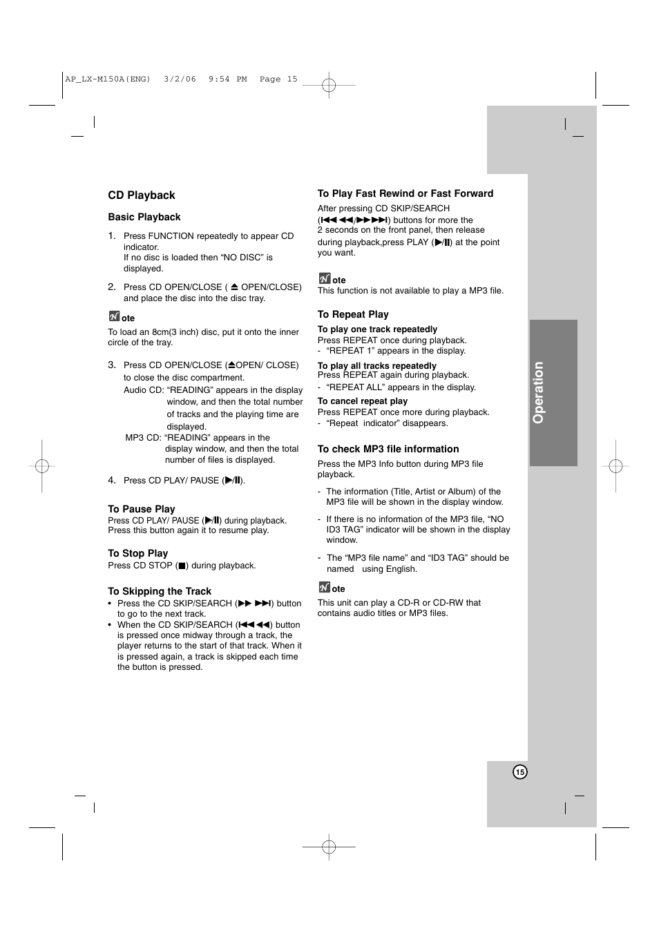 Operation | LG LX-M150 User Manual | Page 15 / 19