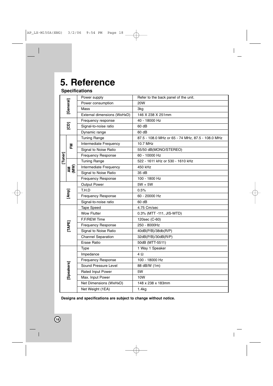 Reference, Specifications | LG LX-M150 User Manual | Page 18 / 19