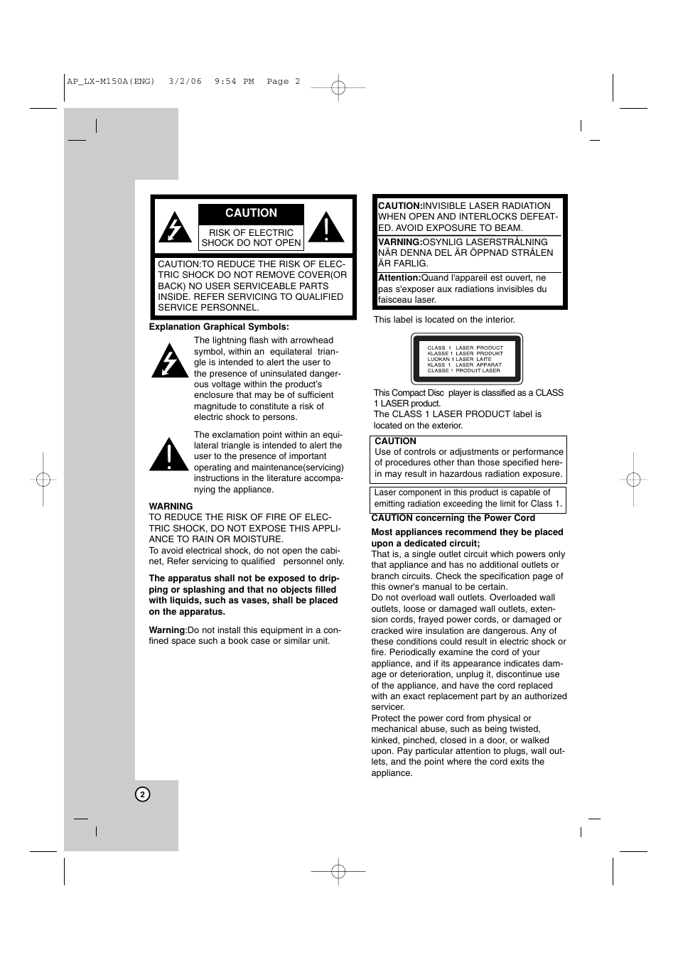 Caution | LG LX-M150 User Manual | Page 2 / 19