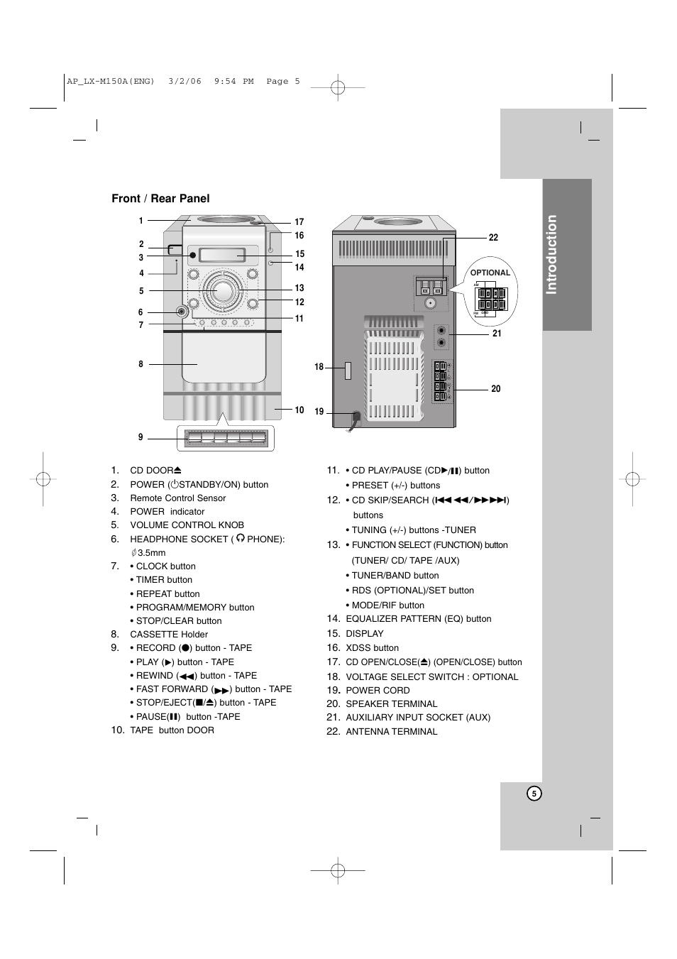 Introduction, Front / rear panel | LG LX-M150 User Manual | Page 5 / 19